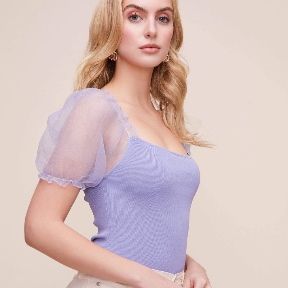 Astr Sheer Puff Sleeve Bodysuit in Periwinkle